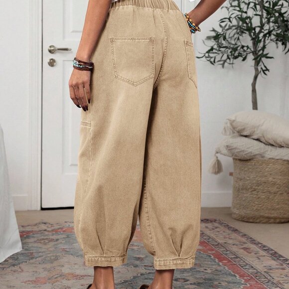 Khaki Casual Women's Vintage Elastic Waist Jeans - Picture 3 of 6